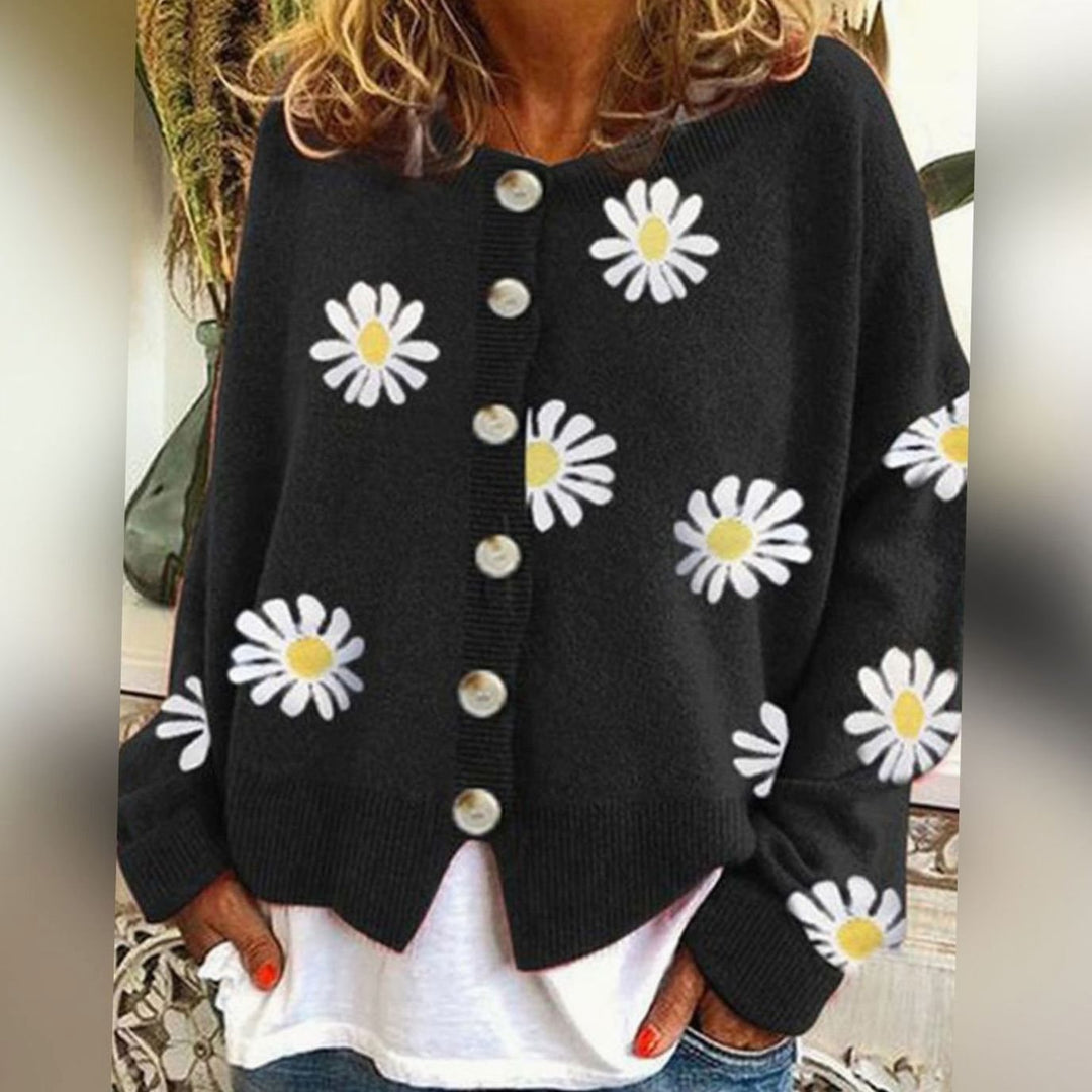 Women's Daisy Floral Button-Up Relaxed Fit Winter Cardigan Sweater - Black