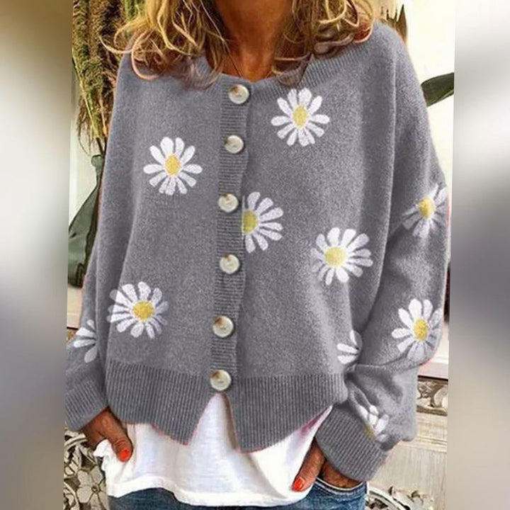 Women's Daisy Floral Button-Up Relaxed Fit Winter Cardigan Sweater - Grey