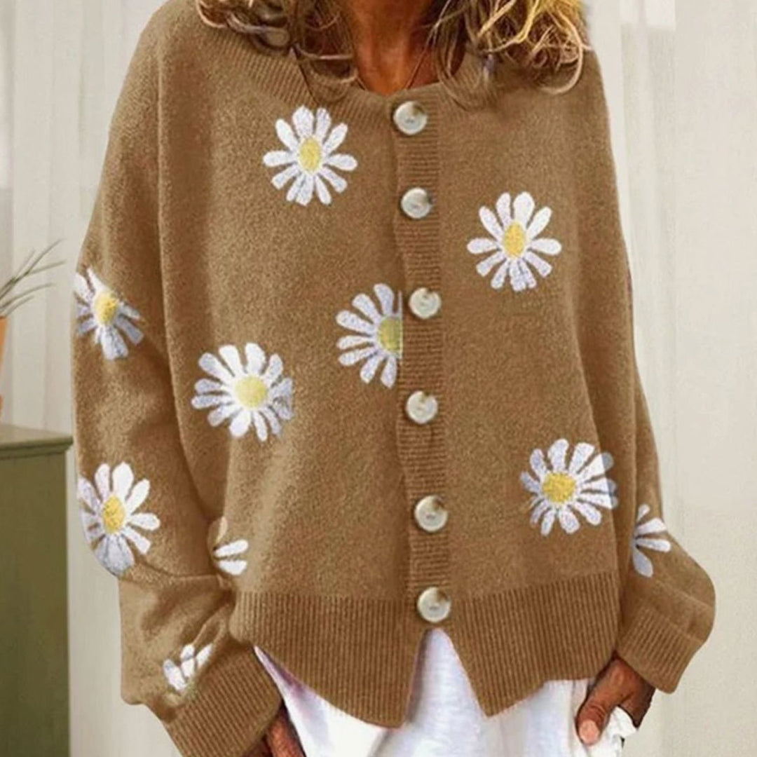 Women's Daisy Floral Button-Up Relaxed Fit Winter Cardigan Sweater