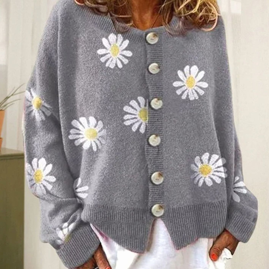 Women's Daisy Floral Button-Up Relaxed Fit Winter Cardigan Sweater