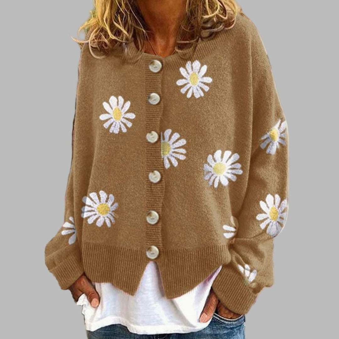 Women's Daisy Floral Knit Button-Front Cardigan - Khaki