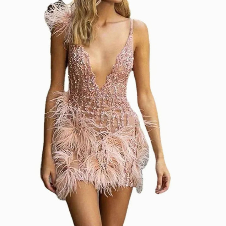 Women's Deep V-Neck Beaded Feather-Trim Cocktail Dress