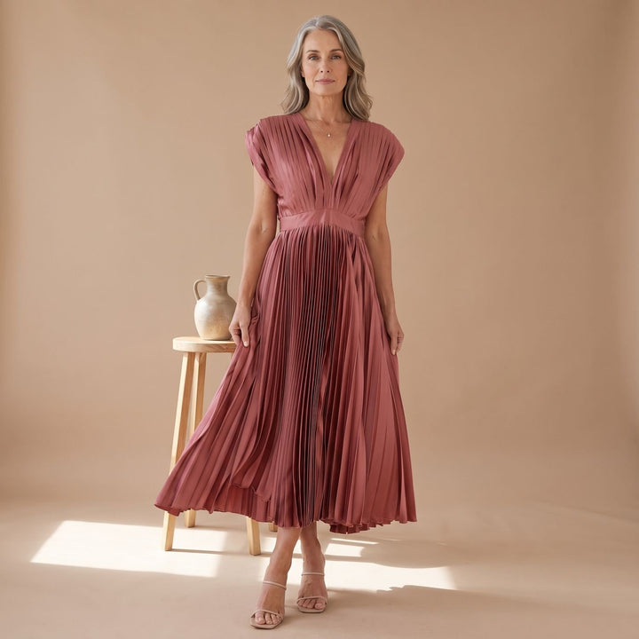 Women's Deep V-Neck High-Waist Pleated Midi Party Dress - Pink