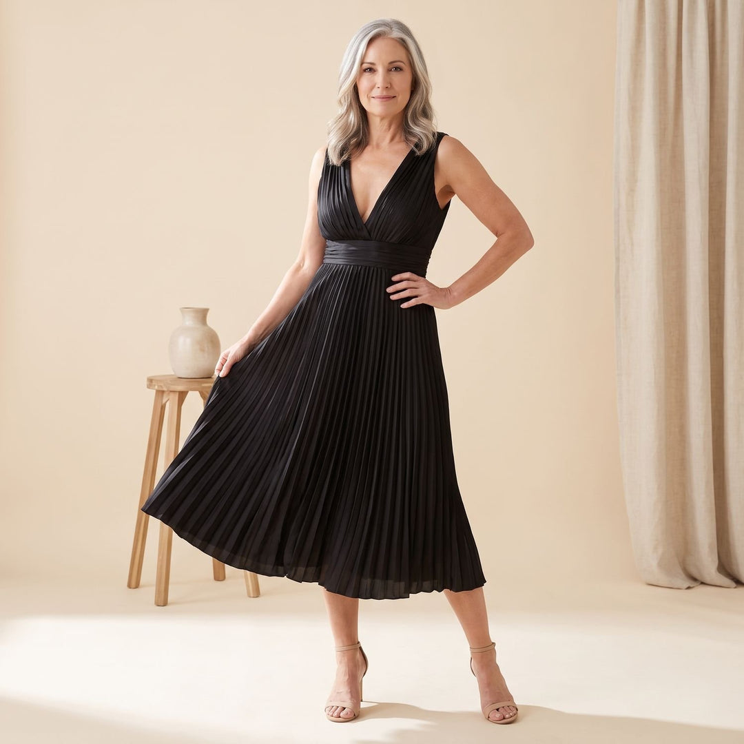 Women's Deep V-Neck High-Waist Pleated Midi Party Dress