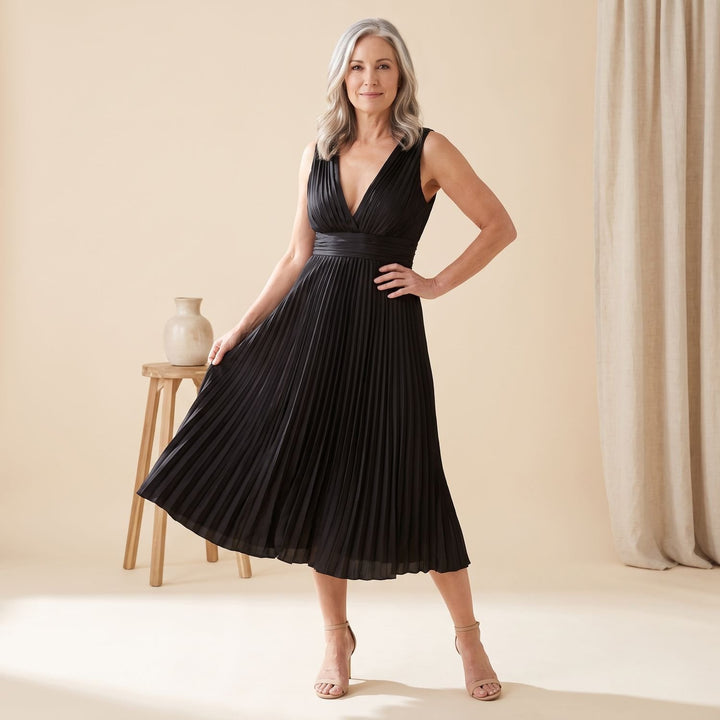 Women's Deep V-Neck High-Waist Pleated Midi Party Dress