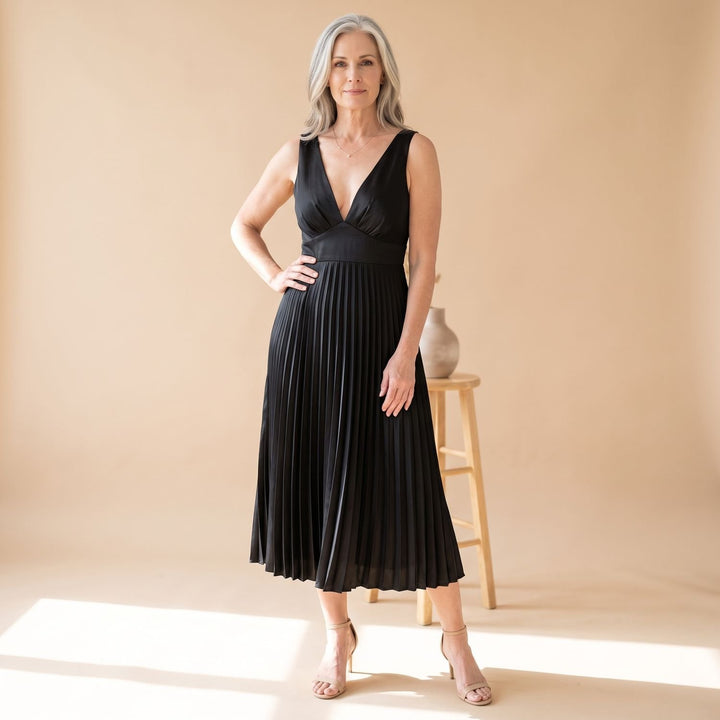 Women's Deep V-Neck High-Waist Pleated Midi Party Dress