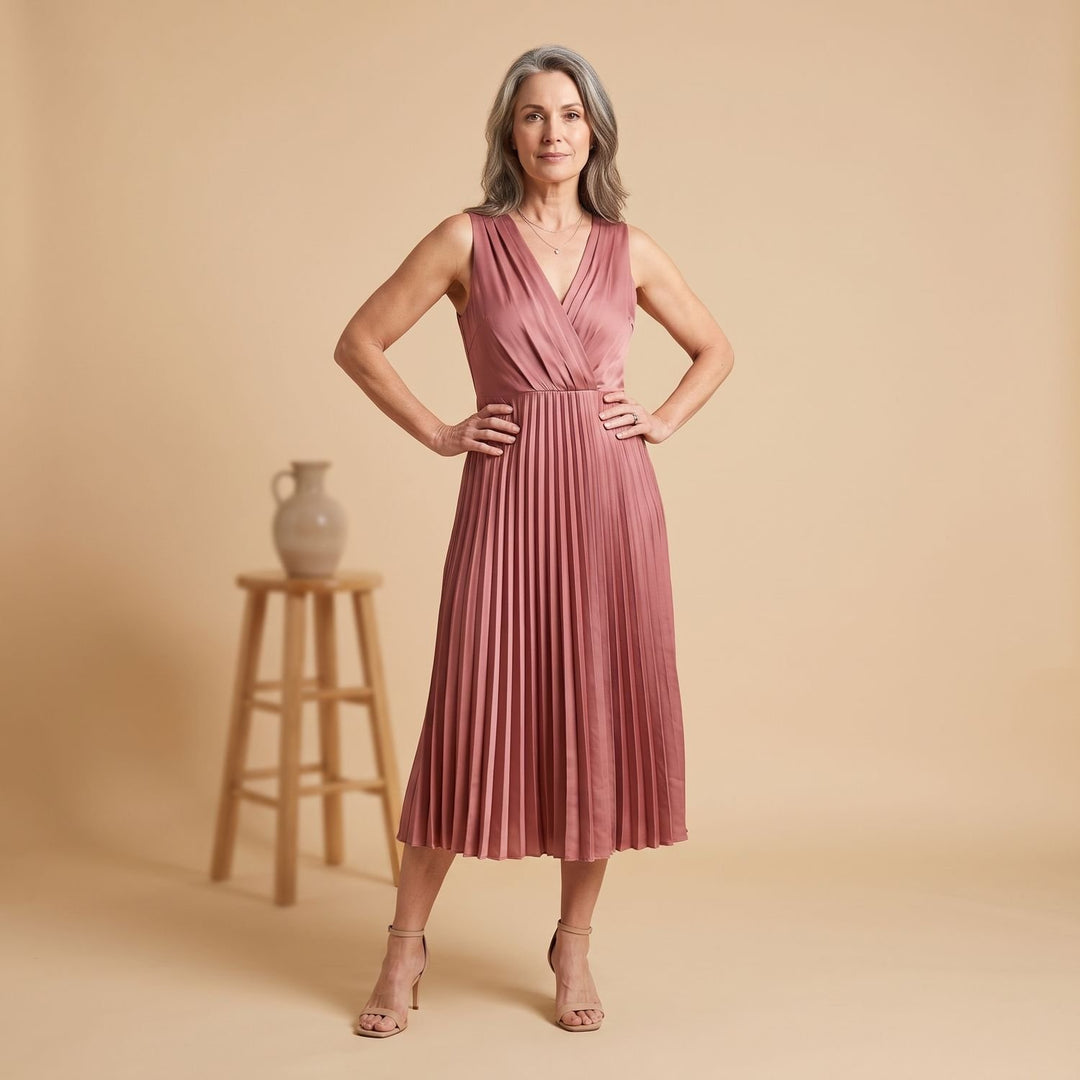 Women's Deep V-Neck High-Waist Pleated Midi Party Dress