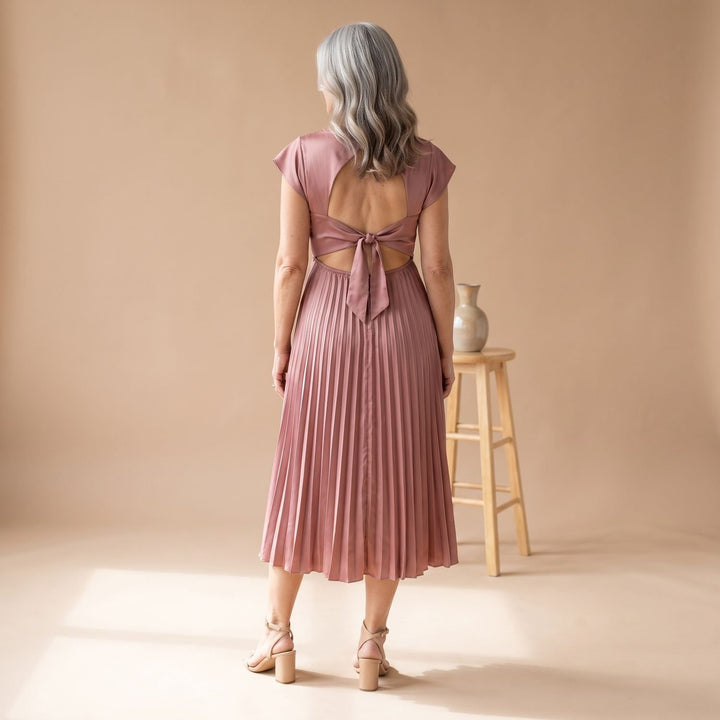 Women's Deep V-Neck High-Waist Pleated Midi Party Dress
