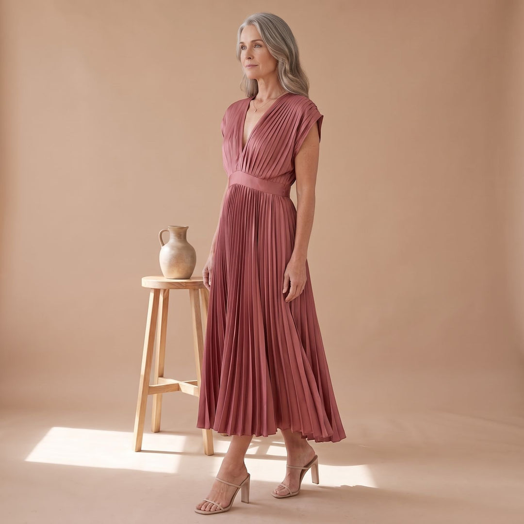 Women's Deep V-Neck High-Waist Pleated Midi Party Dress
