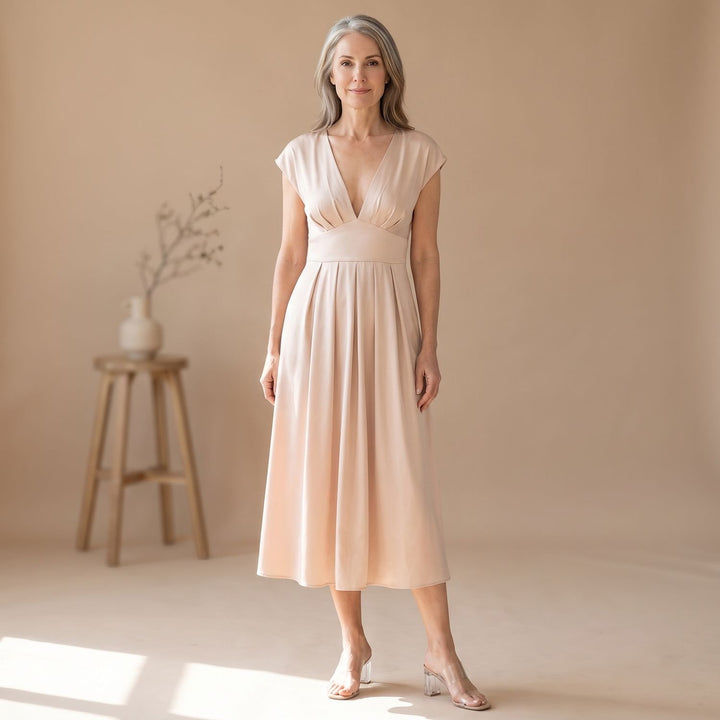 Women's Deep V-Neck High-Waist Pleated Midi Party Dress - Champagne
