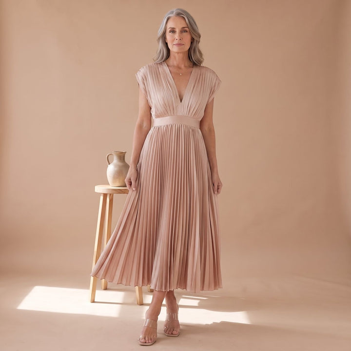 Women's Deep V-Neck High-Waist Pleated Midi Party Dress