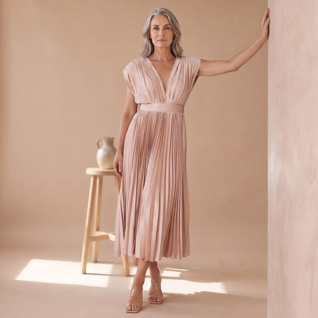 Women's Deep V-Neck High-Waist Pleated Midi Party Dress