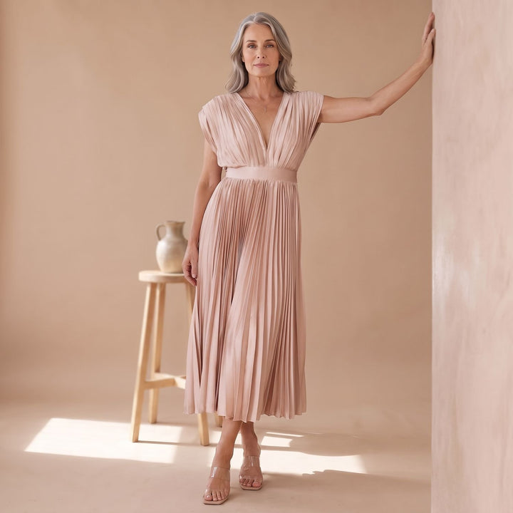 Women's Deep V-Neck High-Waist Pleated Midi Party Dress