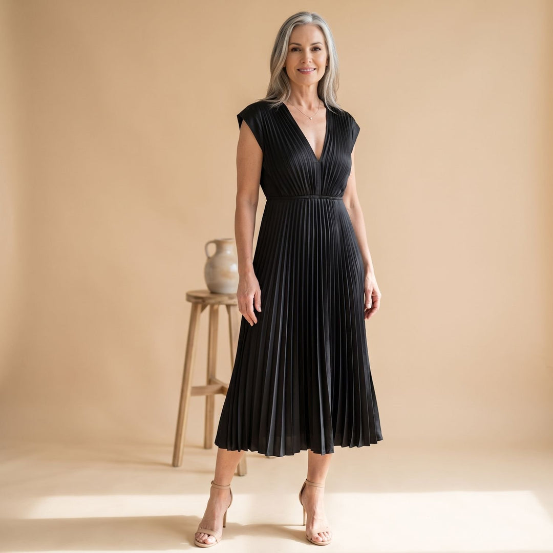 Women's Deep V-Neck High-Waist Pleated Midi Party Dress