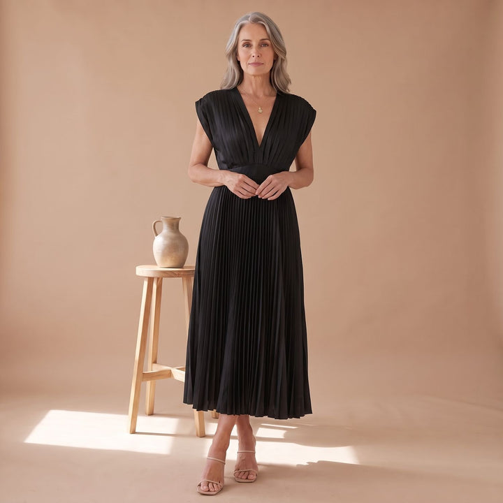 Women's Deep V-Neck High-Waist Pleated Midi Party Dress - Black