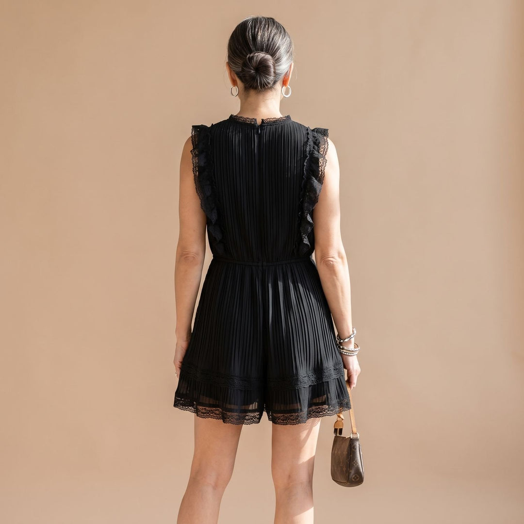Women's Deep V-Neck Lace-Trim Ruffle Sleeveless Black Mini Jumpsuit
