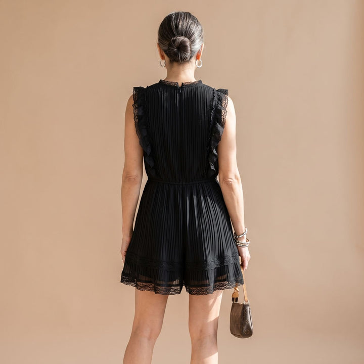 Women's Deep V-Neck Lace-Trim Ruffle Sleeveless Black Mini Jumpsuit