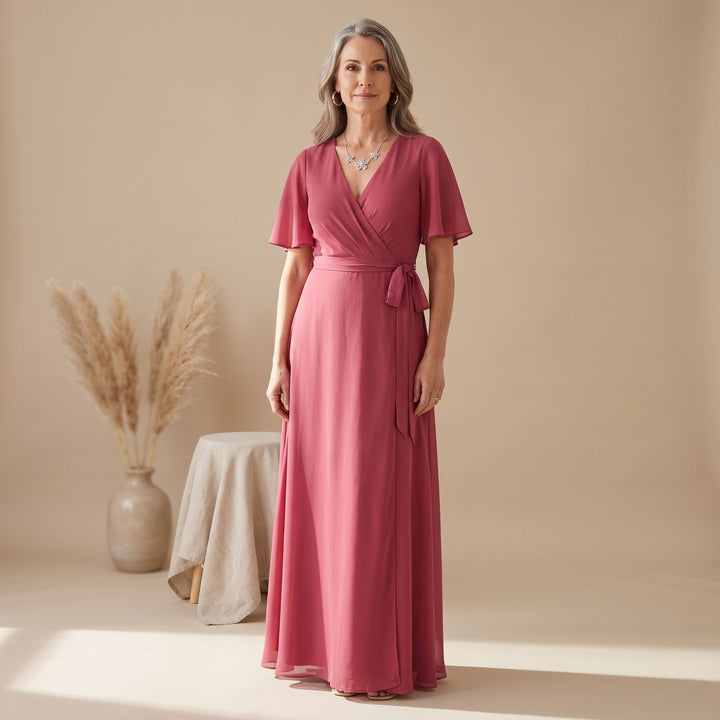 Women's Deep V-Neck Long-Sleeve Chiffon Wrap Maxi Dress