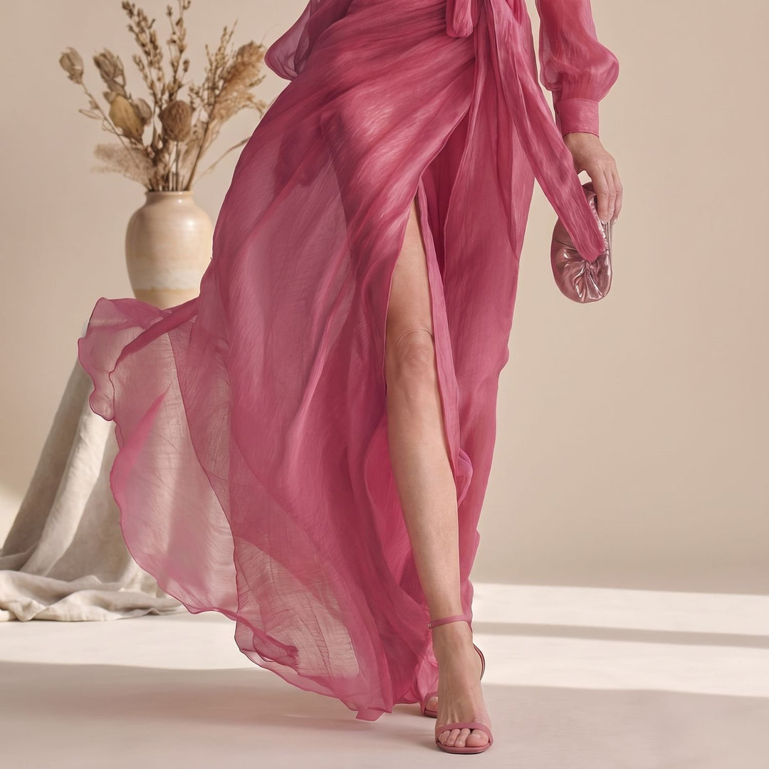 Women's Deep V-Neck Long-Sleeve Chiffon Wrap Maxi Dress