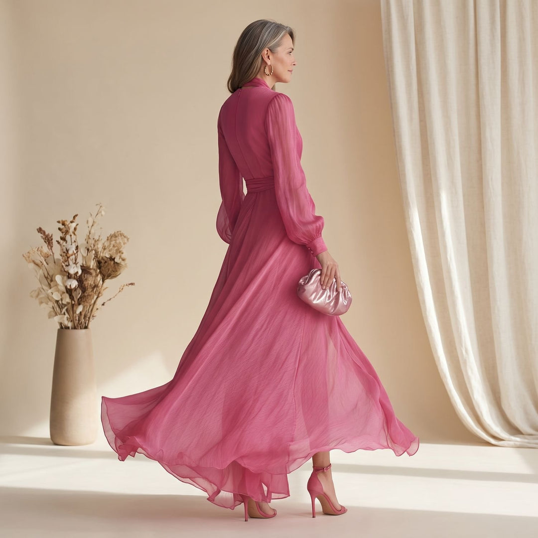 Women's Deep V-Neck Long-Sleeve Chiffon Wrap Maxi Dress