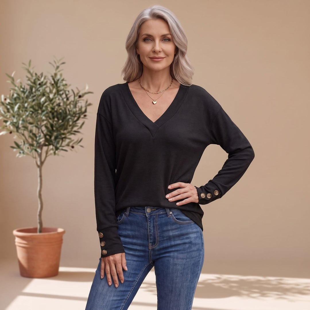 Women's Deep V-Neck Long Sleeve Sweater Button-Cuff Top