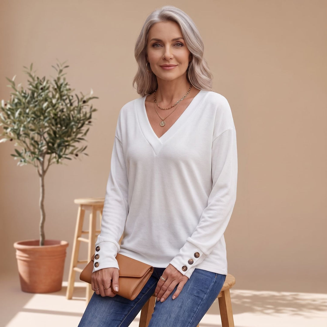 Women's Deep V-Neck Long Sleeve Sweater Button-Cuff Top - White