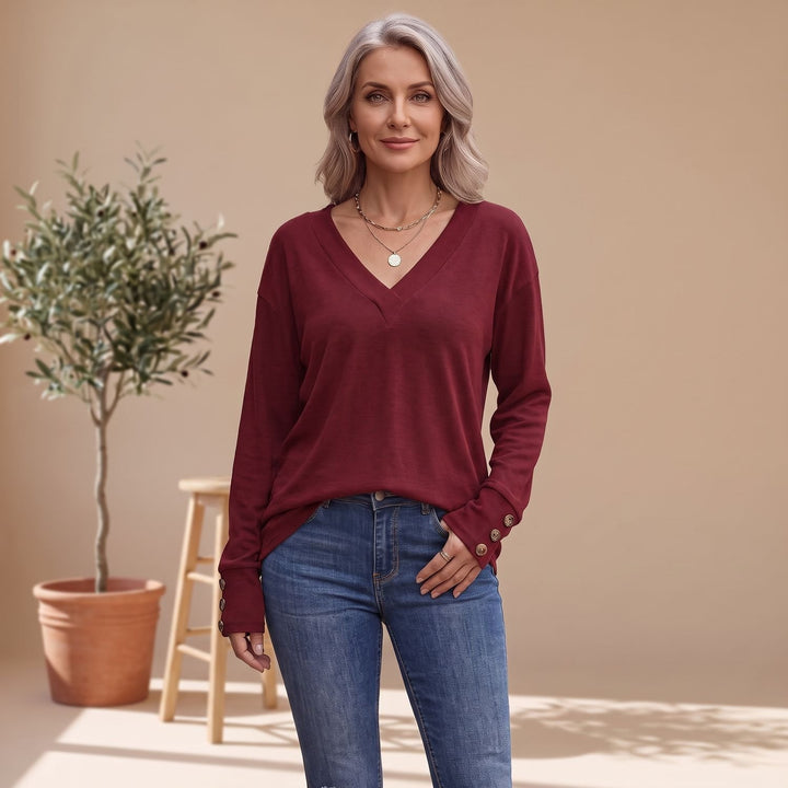 Women's Deep V-Neck Long Sleeve Sweater Button-Cuff Top - Red