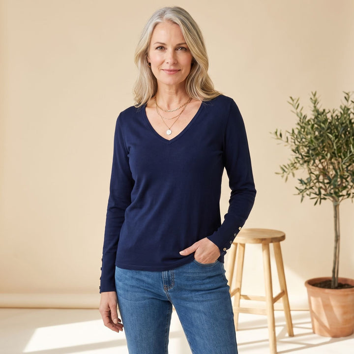 Women's Deep V-Neck Long Sleeve Sweater Button-Cuff Top - Navy Blue
