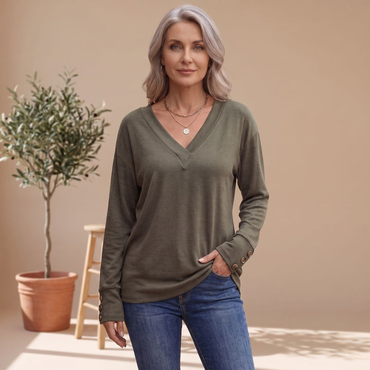 Women's Deep V-Neck Long Sleeve Sweater Button-Cuff Top - Green