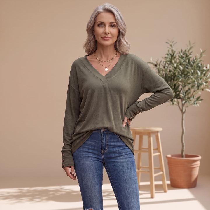 Women's Deep V-Neck Long Sleeve Sweater Button-Cuff Top