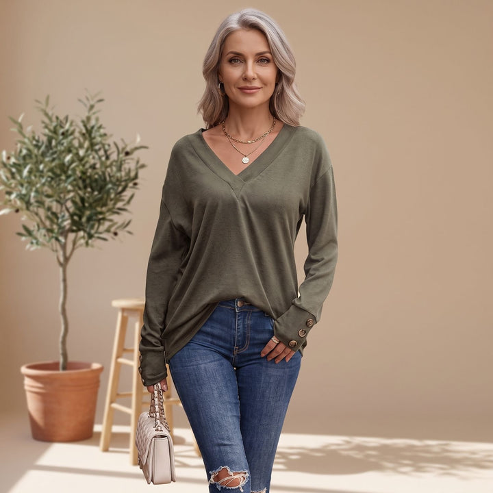 Women's Deep V-Neck Long Sleeve Sweater Button-Cuff Top