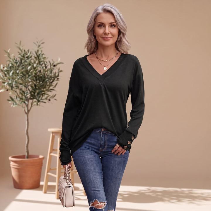 Women's Deep V-Neck Long Sleeve Sweater Button-Cuff Top
