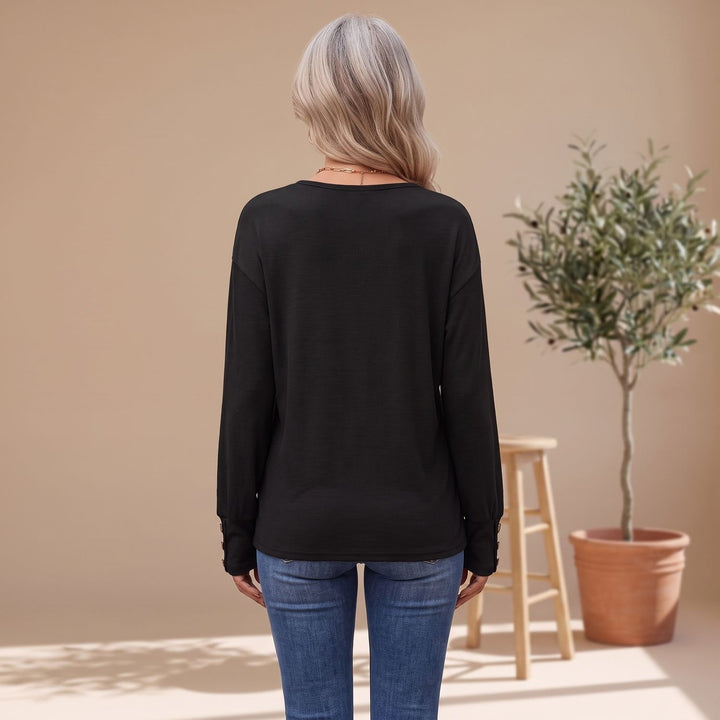 Women's Deep V-Neck Long Sleeve Sweater Button-Cuff Top