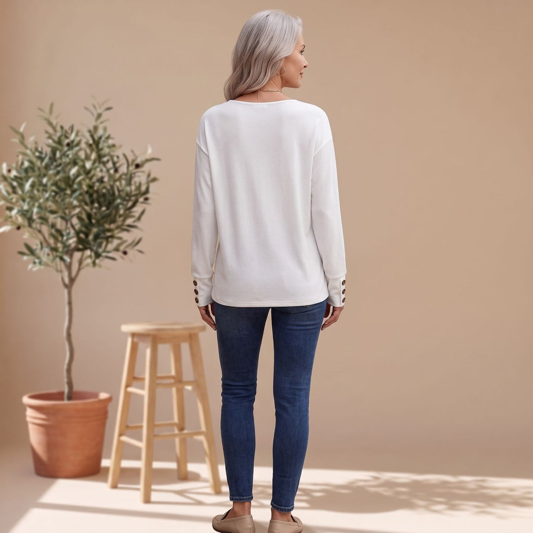 Women's Deep V-Neck Long Sleeve Sweater Button-Cuff Top