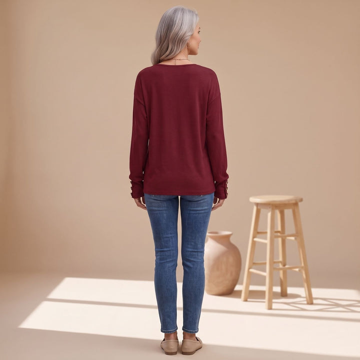 Women's Deep V-Neck Long Sleeve Sweater Button-Cuff Top