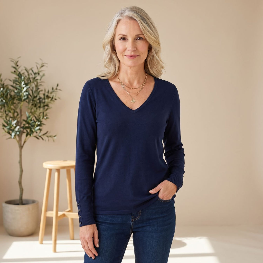 Women's Deep V-Neck Long Sleeve Sweater Button-Cuff Top
