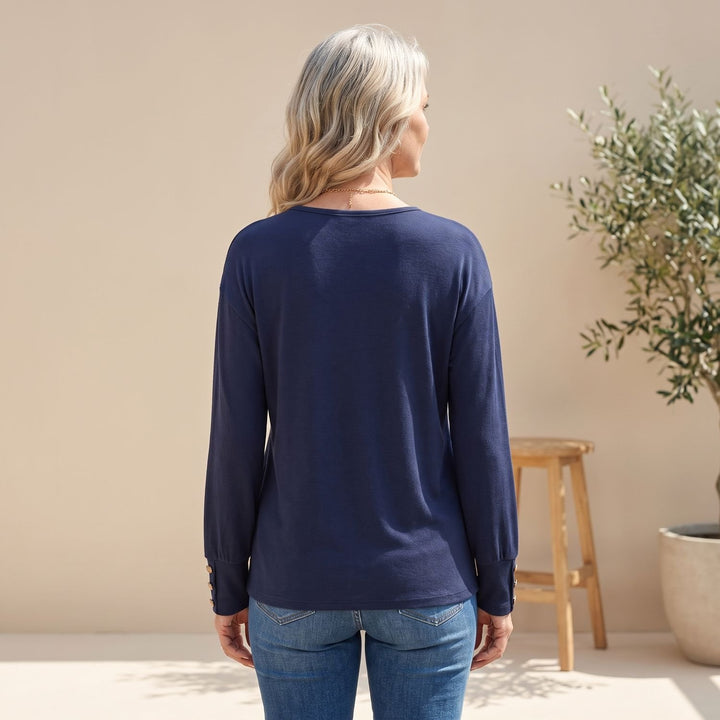Women's Deep V-Neck Long Sleeve Sweater Button-Cuff Top