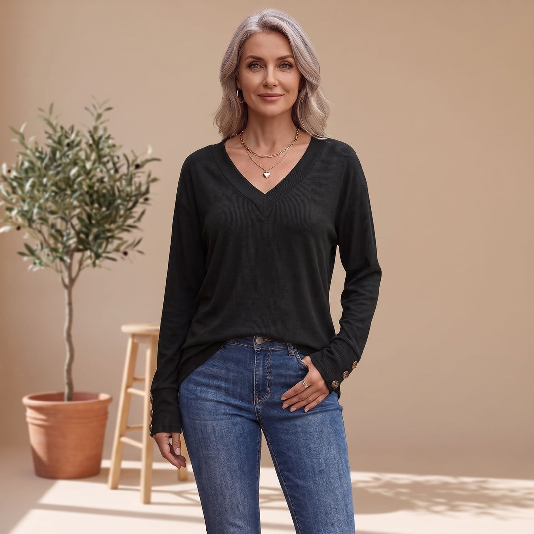 Women's Deep V-Neck Long Sleeve Sweater Button-Cuff Top - Black