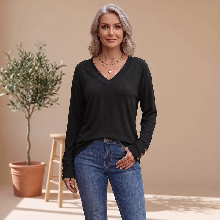 Women's Deep V-Neck Long Sleeve Sweater Button-Cuff Top - Black