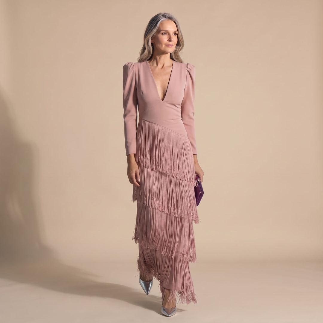 Women's Deep V-Neck Long-Sleeve Tiered Fringe Maxi Party Dress