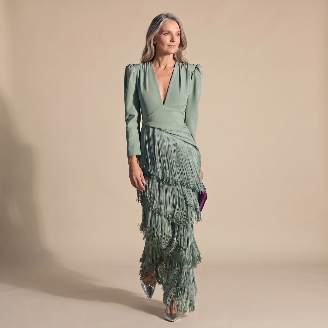 Women's Deep V-Neck Long-Sleeve Tiered Fringe Maxi Party Dress
