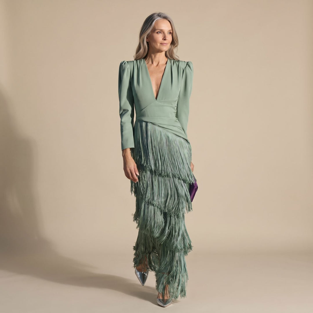 Women's Deep V-Neck Long-Sleeve Tiered Fringe Maxi Party Dress