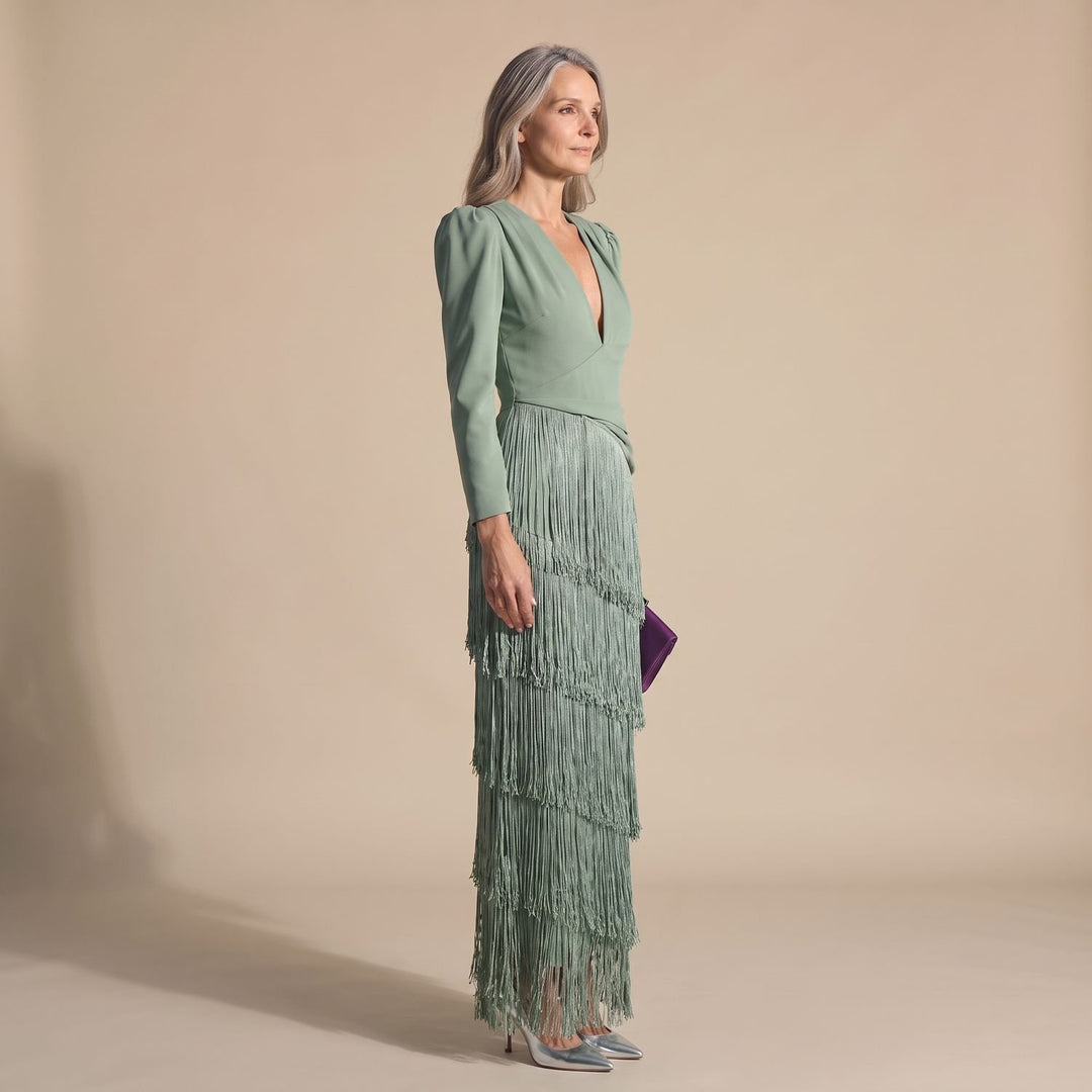 Women's Deep V-Neck Long-Sleeve Tiered Fringe Maxi Party Dress
