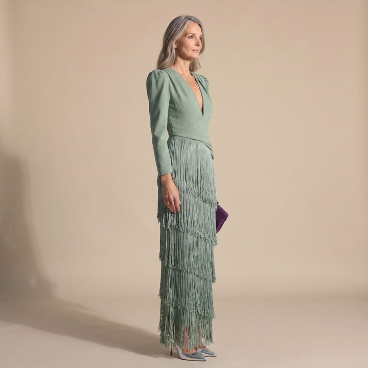 Women's Deep V-Neck Long-Sleeve Tiered Fringe Maxi Party Dress