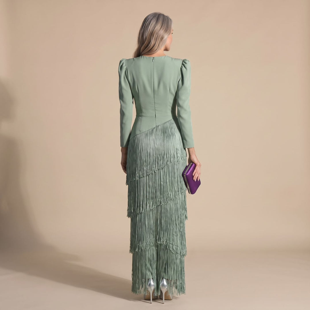 Women's Deep V-Neck Long-Sleeve Tiered Fringe Maxi Party Dress