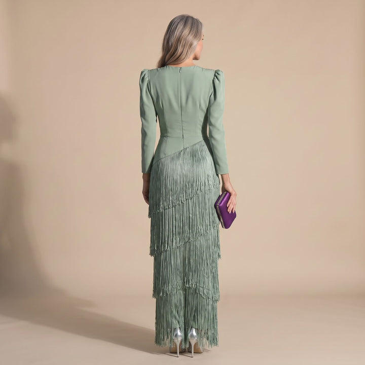 Women's Deep V-Neck Long-Sleeve Tiered Fringe Maxi Party Dress