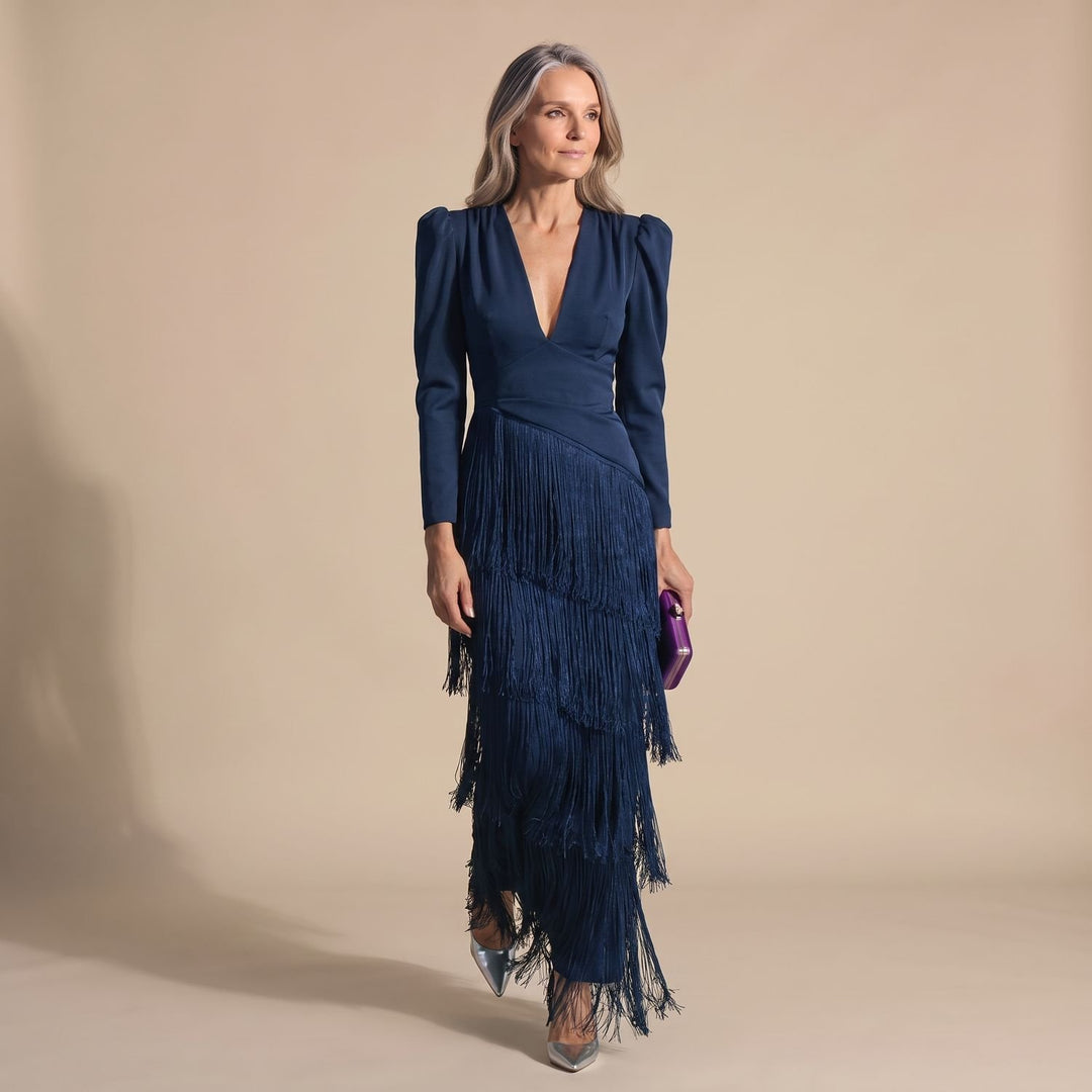 Women's Deep V-Neck Long-Sleeve Tiered Fringe Maxi Party Dress