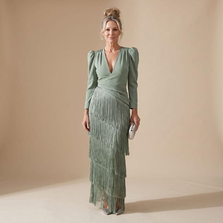 Women's Deep V-Neck Long Sleeve Tiered Fringe Midi Dress - Green