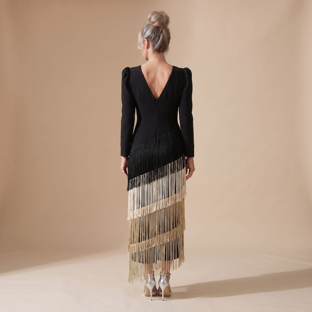 Women's Deep V-Neck Long Sleeve Tiered Fringe Midi Dress