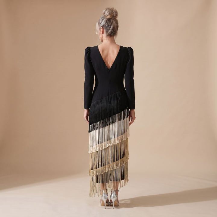 Women's Deep V-Neck Long Sleeve Tiered Fringe Midi Dress